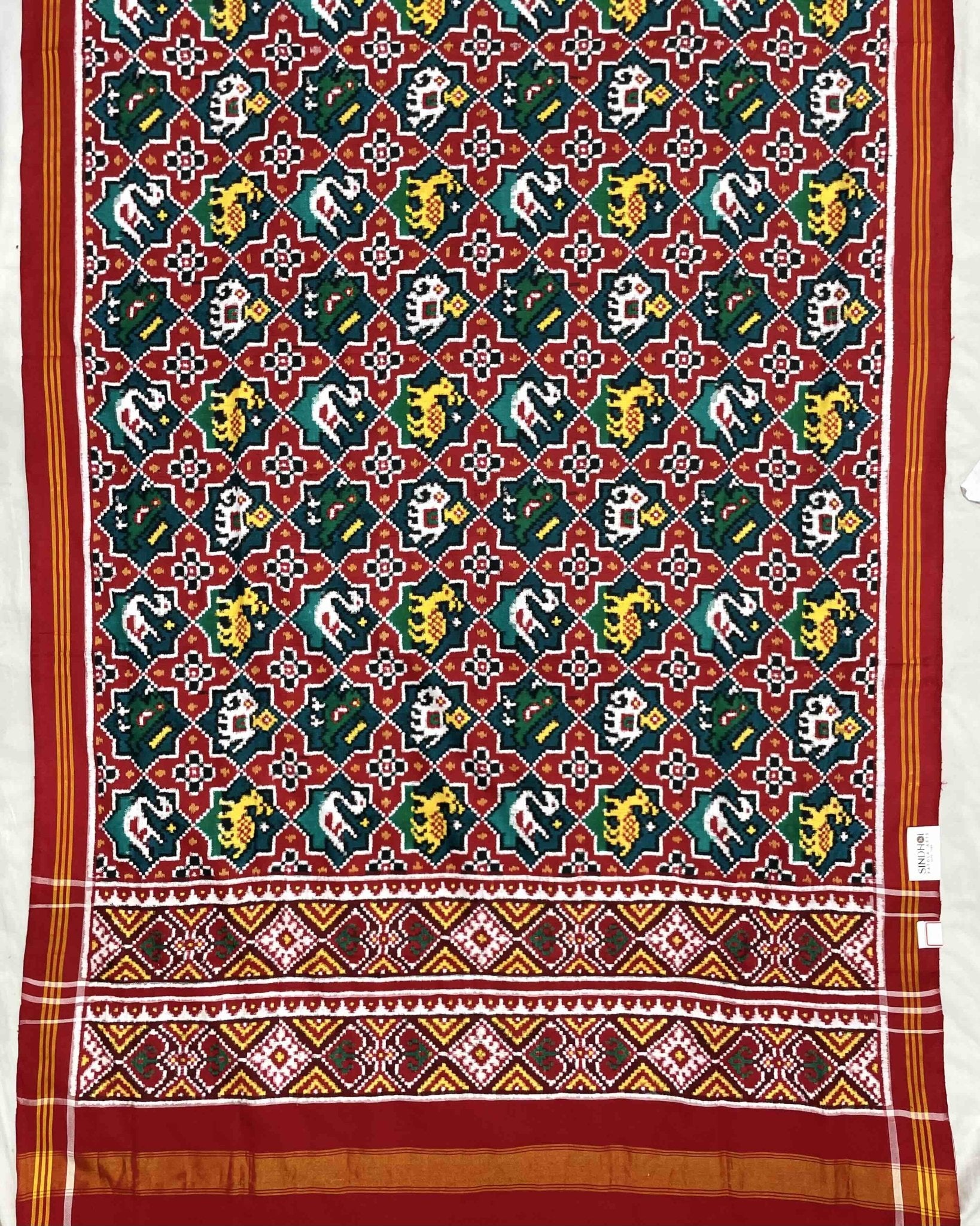 Red & Turquoise Small Star Narikunj Patola Dupatta - SindhoiPatolaArt