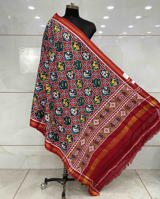 Red & Turquoise Small Star Narikunj Patola Dupatta - SindhoiPatolaArt