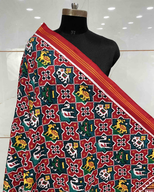 Red & Turquoise Small Star Narikunj Patola Dupatta - SindhoiPatolaArt