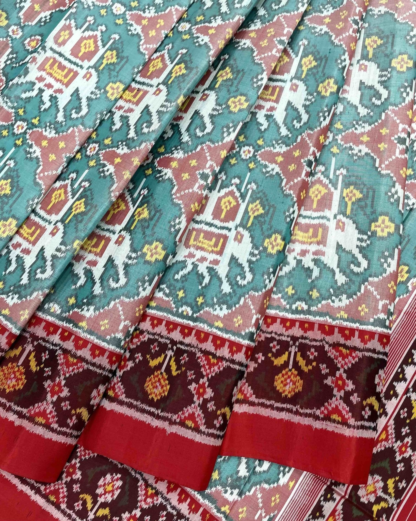 Red & Turquoise White Elephant Chhabdi Designer Patola Saree - SindhoiPatolaArt