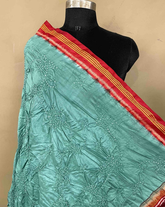 Red & Turquoise with Flower Pallu Bandhani Patola Dupatta - SindhoiPatolaArt