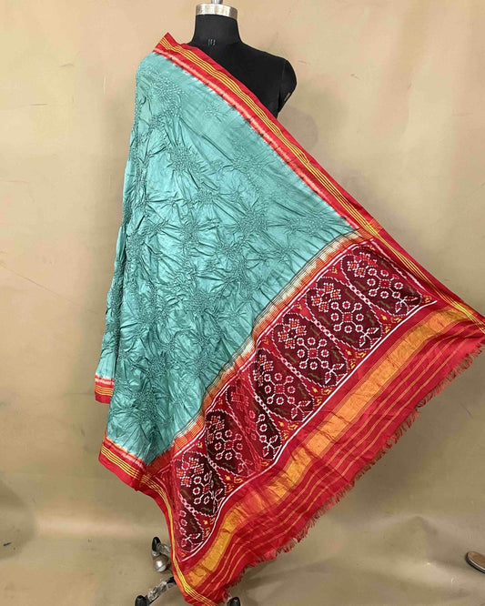 Red & Turquoise with Flower Pallu Bandhani Patola Dupatta - SindhoiPatolaArt