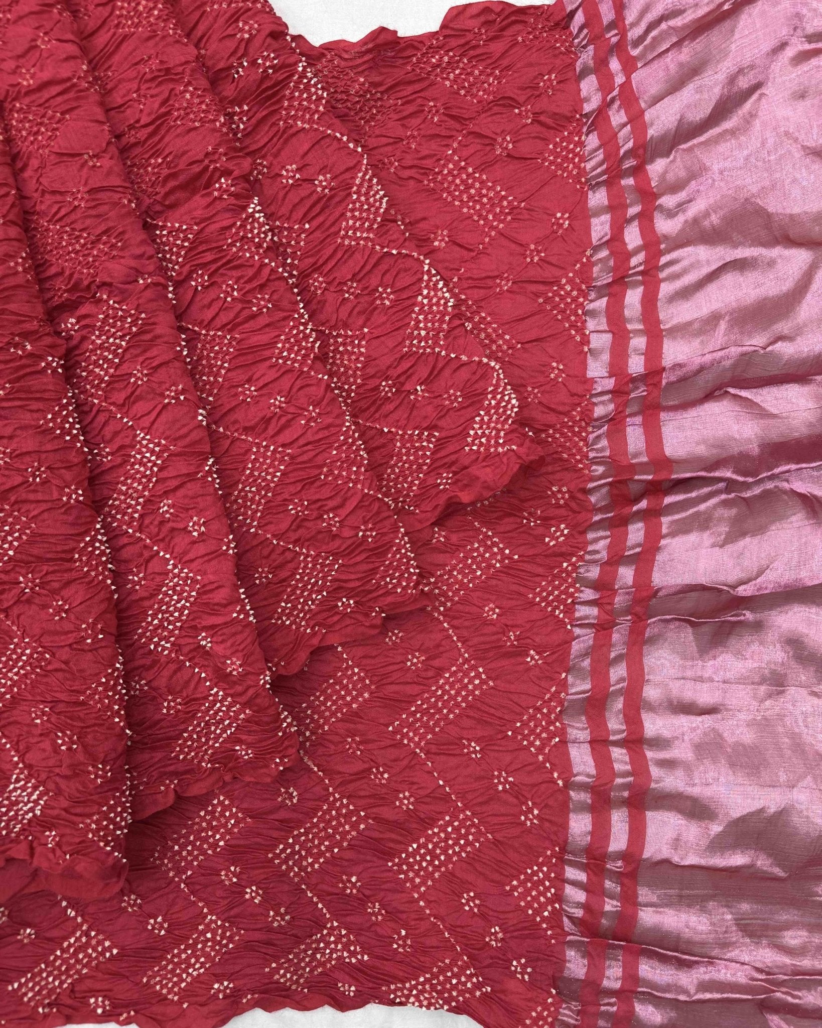 Red Tussar Silk Bandhani Saree - SindhoiPatolaArt