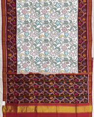 Red & White Fancy Flower Semi Double Ikat Patola Saree - SindhoiPatolaArt