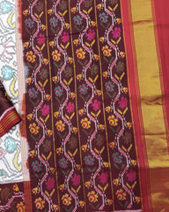 Red & White Fancy Flower Semi Double Ikat Patola Saree - SindhoiPatolaArt