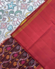 Red & White Fancy Flower Semi Double Ikat Patola Saree - SindhoiPatolaArt