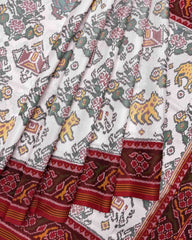 Red & White Narikunj Semi Double Ikat Patola Saree - SindhoiPatolaArt