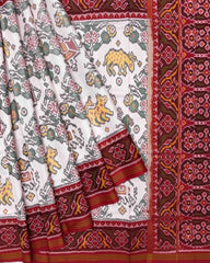 Red & White Narikunj Semi Double Ikat Patola Saree - SindhoiPatolaArt