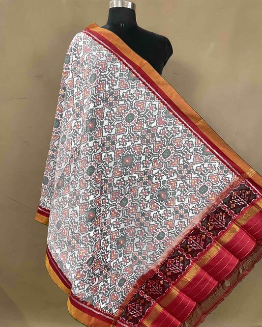 Red & White Navratan Designer Patola Dupatta - SindhoiPatolaArt