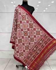 Red & White Navratan Double Ikat Patola Dupatta - SindhoiPatolaArt