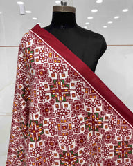 Red & White Navratan Double Ikat Patola Dupatta - SindhoiPatolaArt