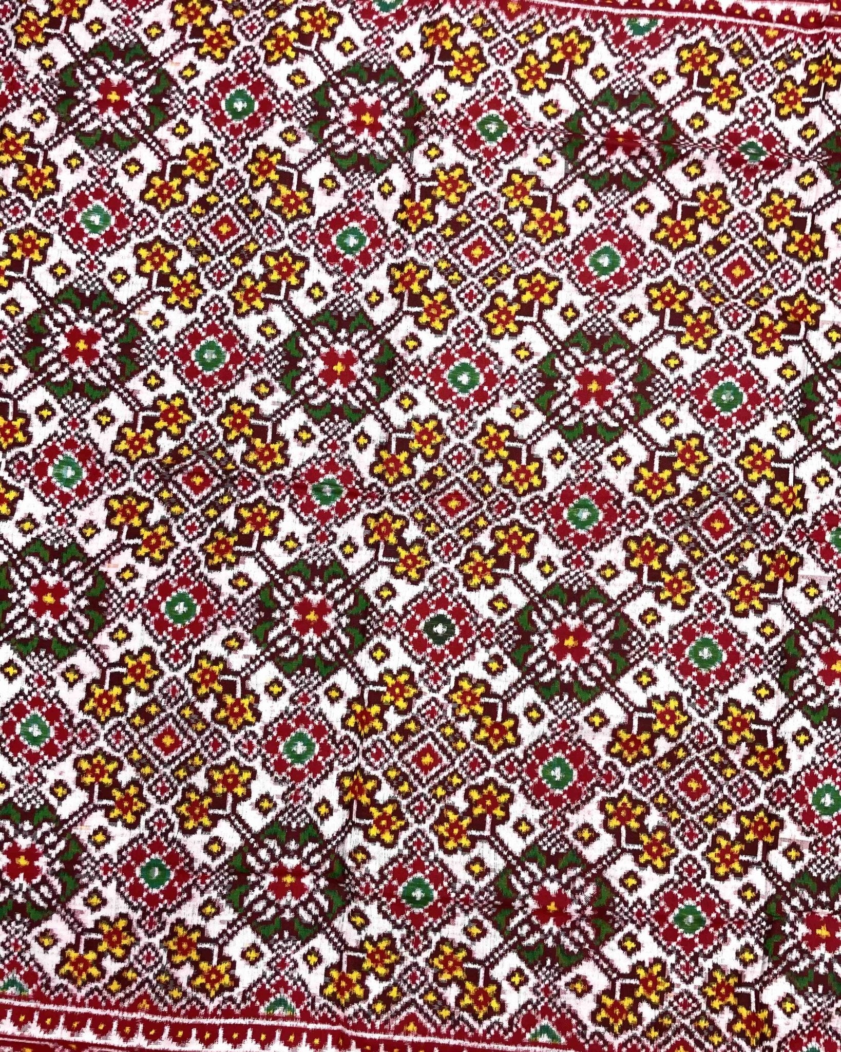 Red & White Navratan Double Ikat Patola Saree - SindhoiPatolaArt