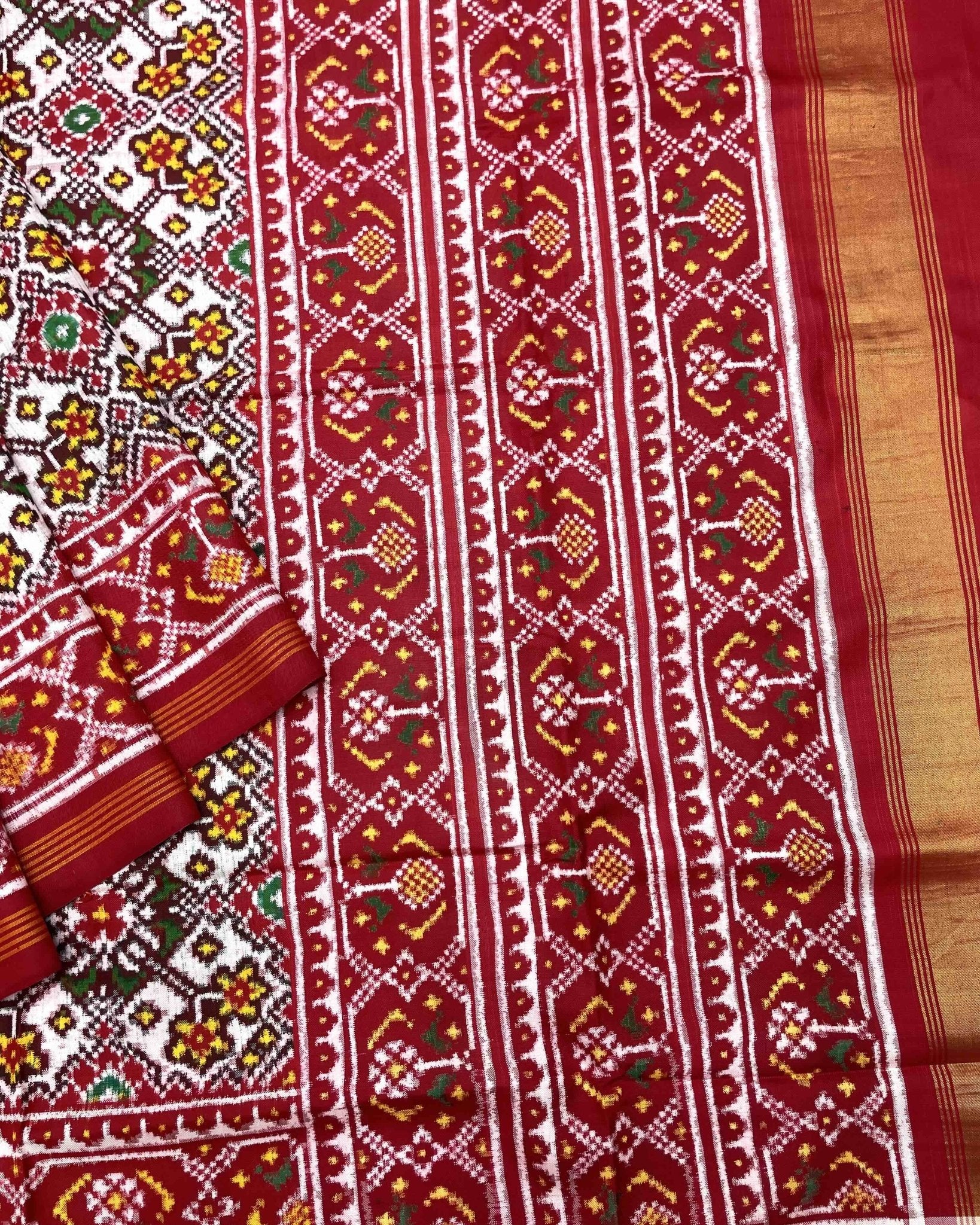 Red & White Navratan Double Ikat Patola Saree - SindhoiPatolaArt