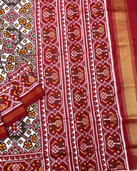 Red & White Navratan Double Ikat Patola Saree - SindhoiPatolaArt
