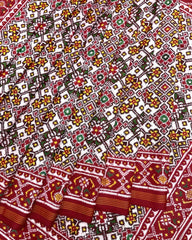 Red & White Navratan Double Ikat Patola Saree - SindhoiPatolaArt