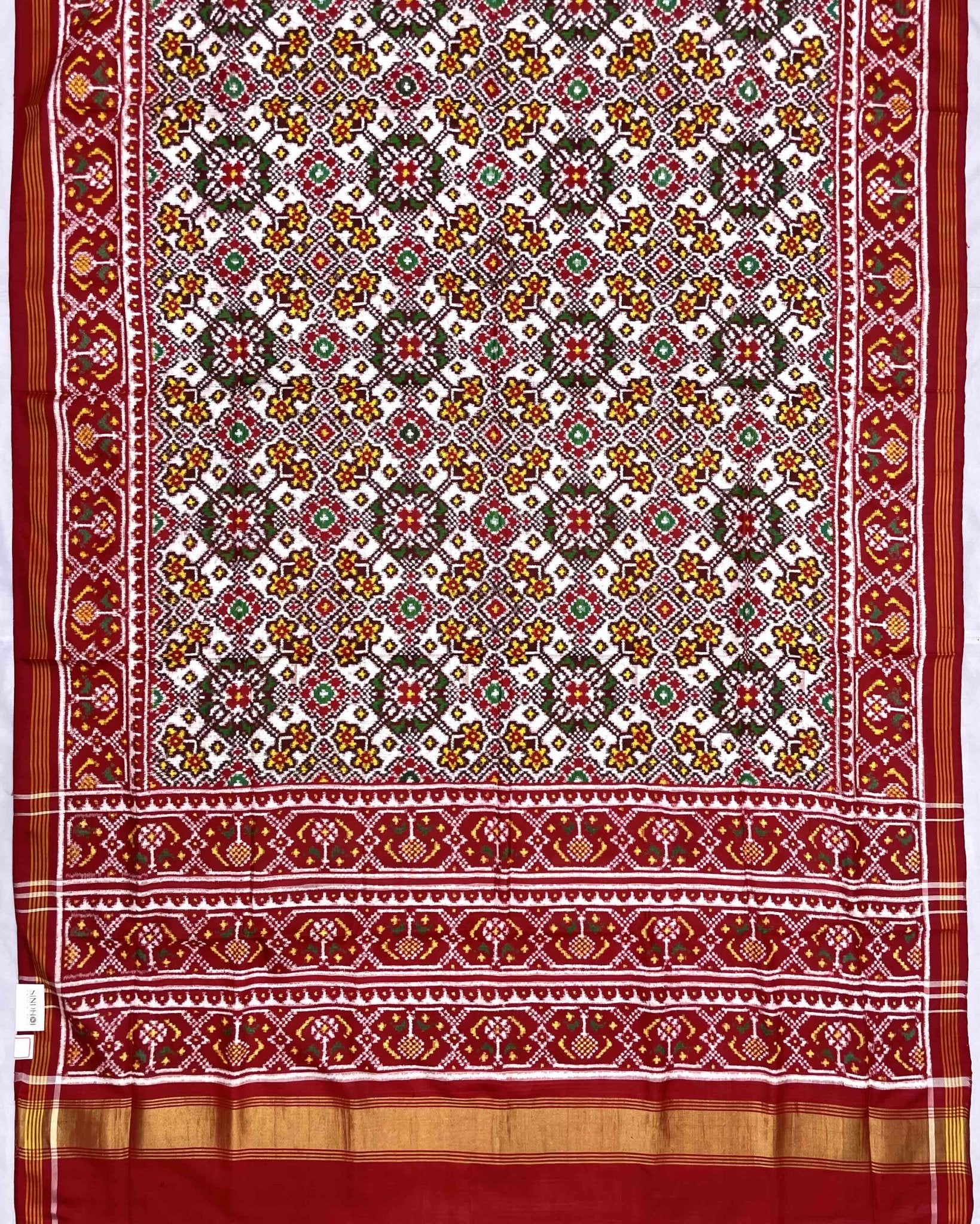 Red & White Navratan Double Ikat Patola Saree - SindhoiPatolaArt