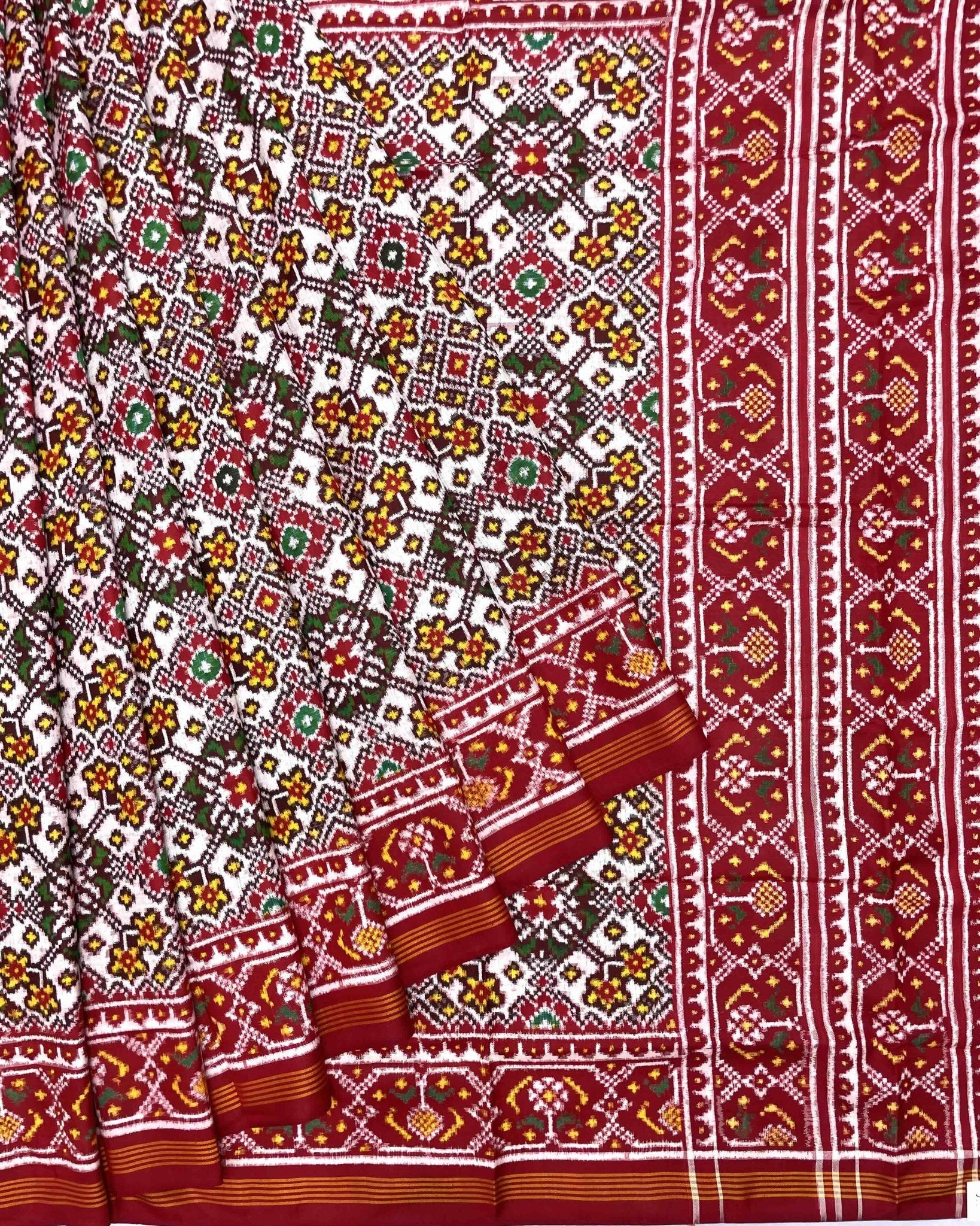 Red & White Navratan Double Ikat Patola Saree - SindhoiPatolaArt