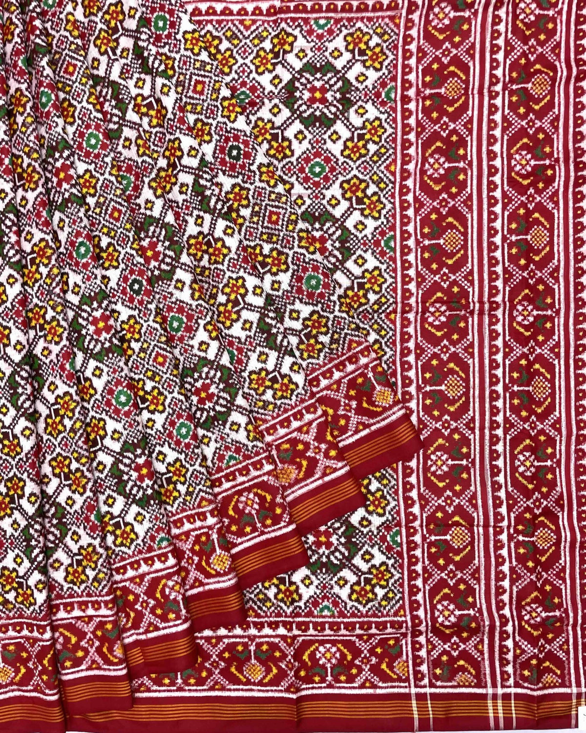 Red & White Navratan Double Ikat Patola Saree - SindhoiPatolaArt