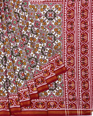 Red & White Navratan Double Ikat Patola Saree - SindhoiPatolaArt
