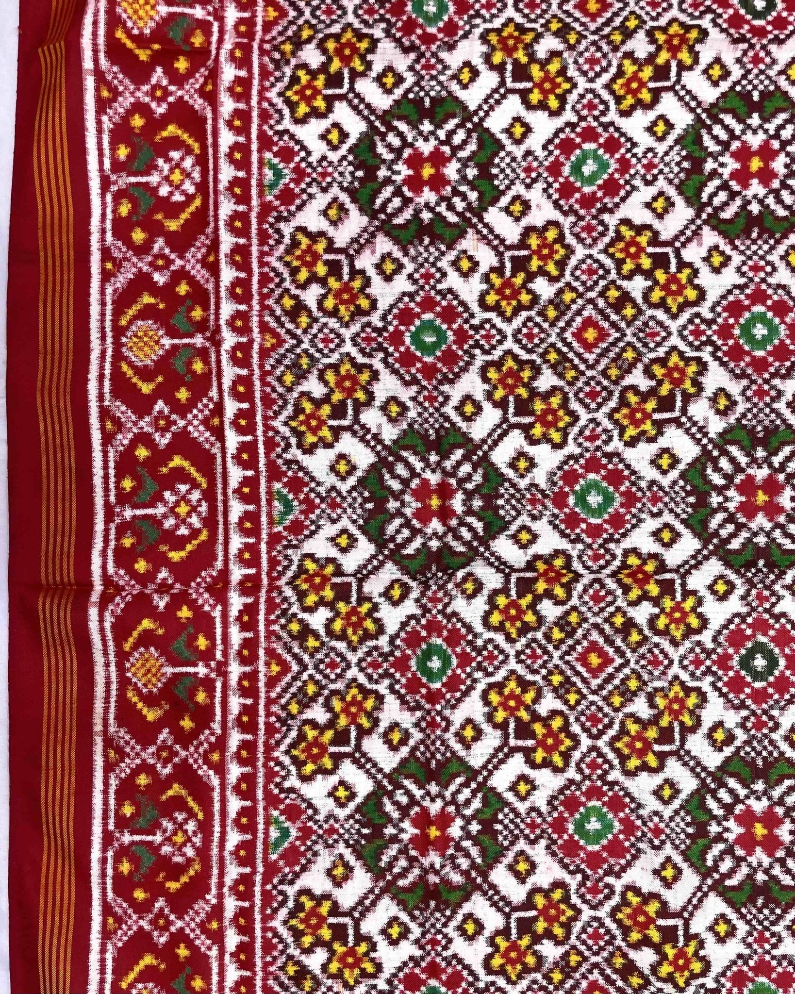 Red & White Navratan Double Ikat Patola Saree - SindhoiPatolaArt