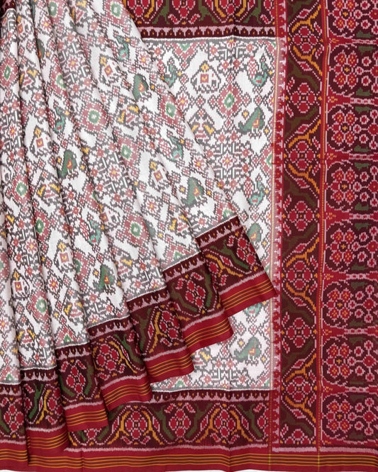 Red & White Navratan Narikunj Semi Double Ikat Patola Saree - SindhoiPatolaArt