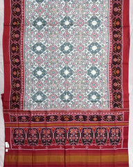Red & White Navratan Semi Double Ikat Patola Saree - SindhoiPatolaArt
