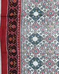 Red & White Navratan Semi Double Ikat Patola Saree - SindhoiPatolaArt
