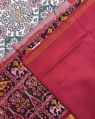 Red & White Navratan Semi Double Ikat Patola Saree - SindhoiPatolaArt