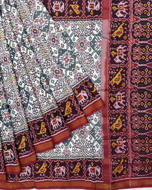 Red & White Navratan Semi Double Ikat Patola Saree - SindhoiPatolaArt