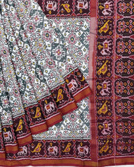 Red & White Navratan Semi Double Ikat Patola Saree - SindhoiPatolaArt