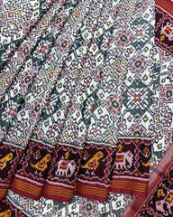 Red & White Navratan Semi Double Ikat Patola Saree - SindhoiPatolaArt