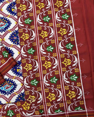 Red & Whtie with Blue Narikunj Double Ikat Patola Saree - SindhoiPatolaArt