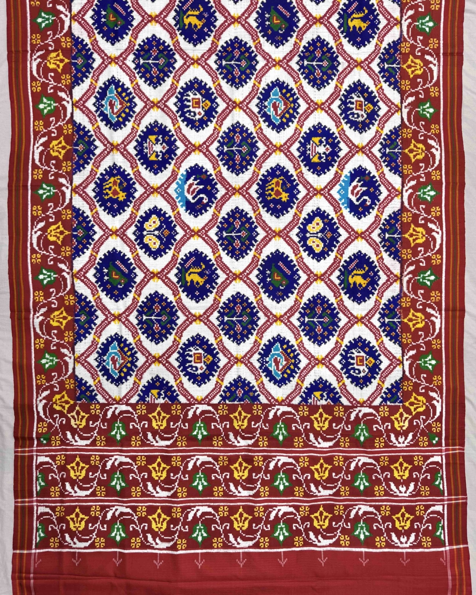 Red & Whtie with Blue Narikunj Double Ikat Patola Saree - SindhoiPatolaArt