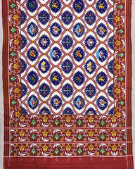 Red & Whtie with Blue Narikunj Double Ikat Patola Saree - SindhoiPatolaArt