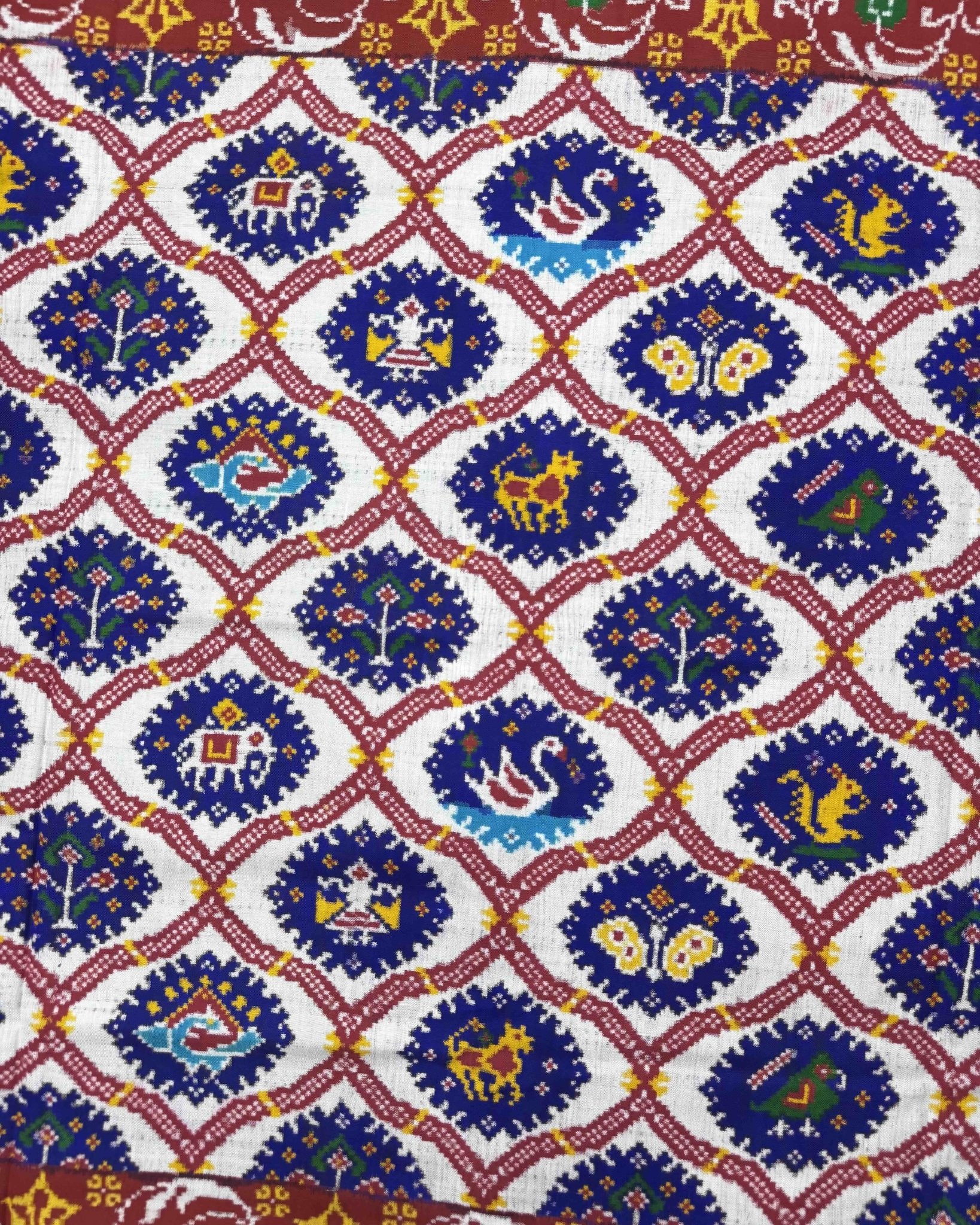 Red & Whtie with Blue Narikunj Double Ikat Patola Saree - SindhoiPatolaArt