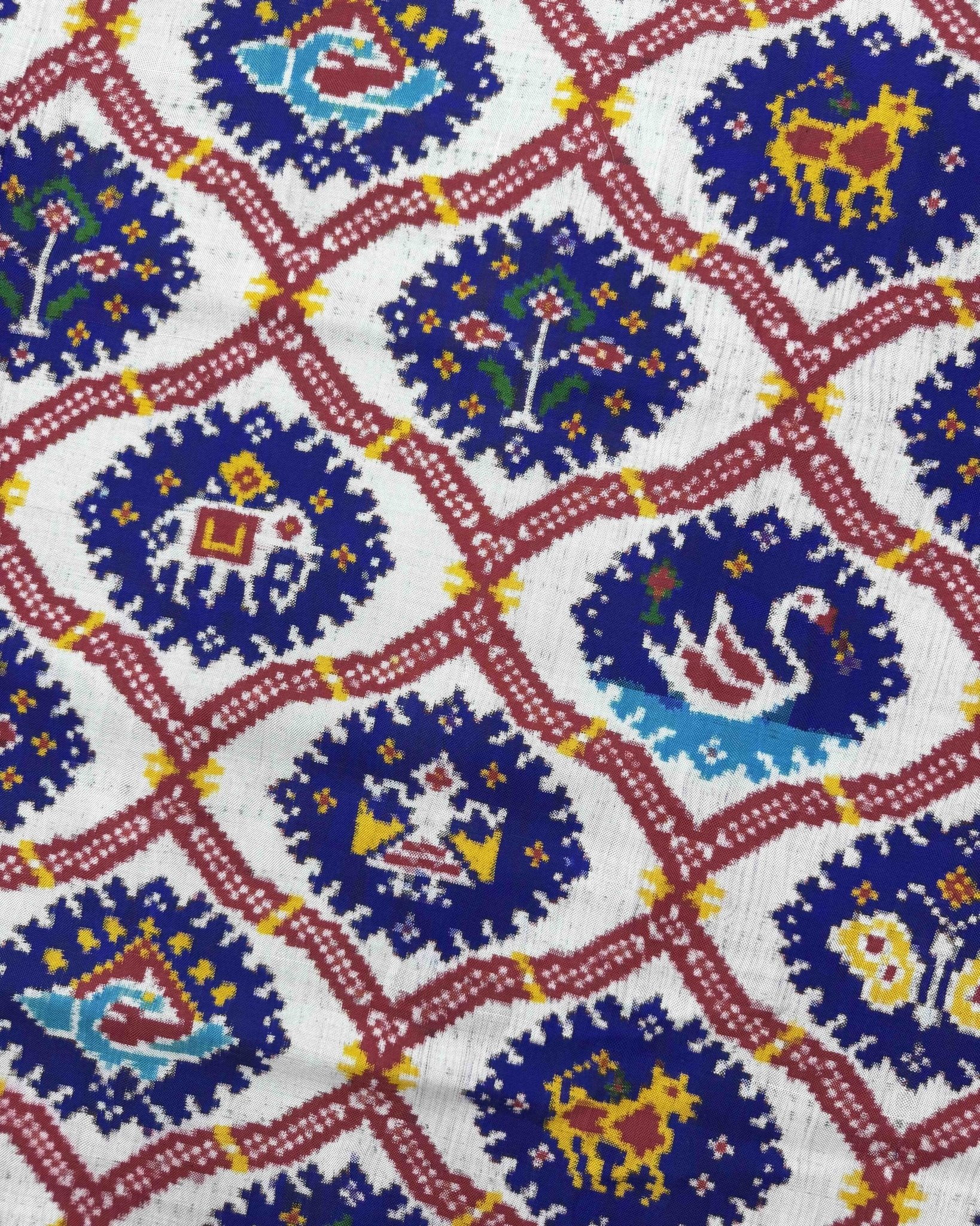 Red & Whtie with Blue Narikunj Double Ikat Patola Saree - SindhoiPatolaArt