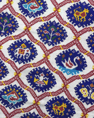 Red & Whtie with Blue Narikunj Double Ikat Patola Saree - SindhoiPatolaArt