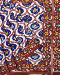 Red & Whtie with Blue Narikunj Double Ikat Patola Saree - SindhoiPatolaArt