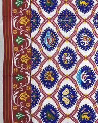 Red & Whtie with Blue Narikunj Double Ikat Patola Saree - SindhoiPatolaArt