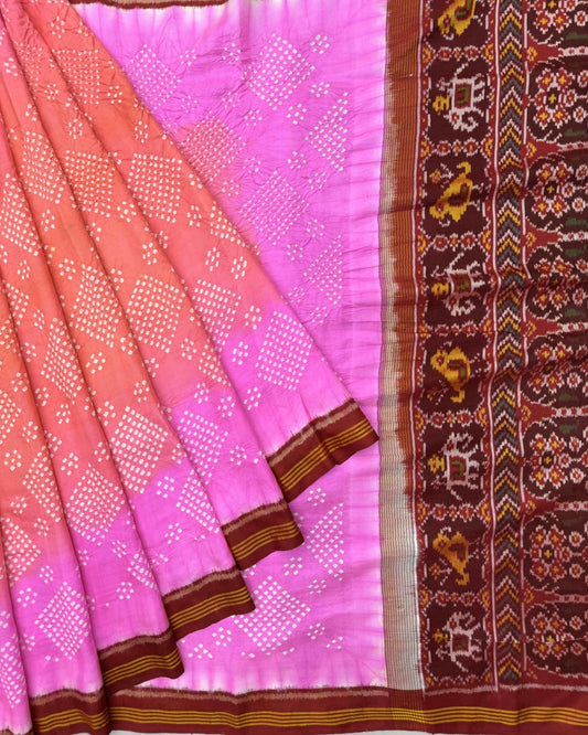 Red with Light Pink & Peach Shaded Semi Double Ikat Bandhani Patola Saree - SindhoiPatolaArt