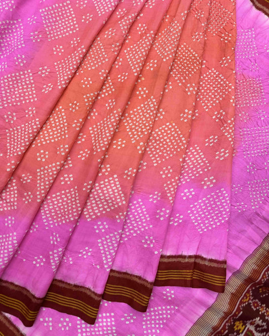Red with Light Pink & Peach Shaded Semi Double Ikat Bandhani Patola Saree - SindhoiPatolaArt