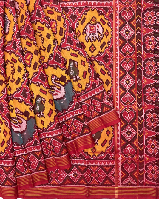 Red & Yellow Big Figure Chhabdi Narikunj Patola Saree - SindhoiPatolaArt