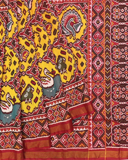 Red & Yellow Big Figure Chhabdi Nariunj Patola Saree - SindhoiPatolaArt