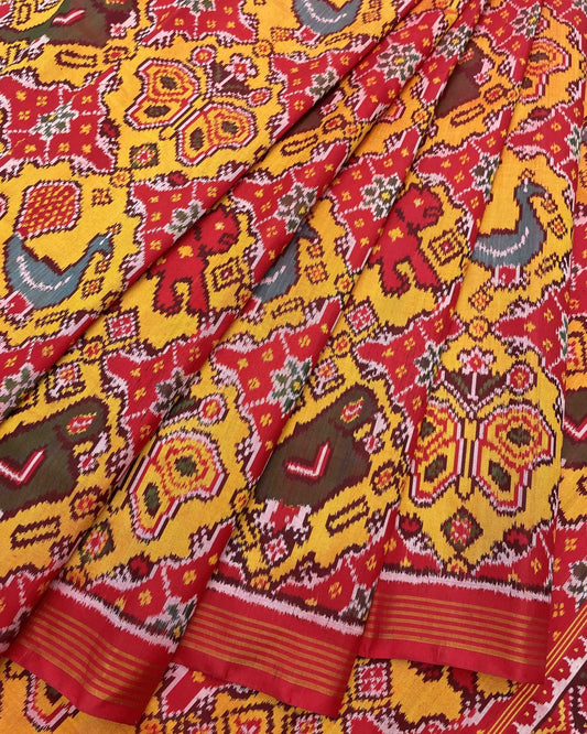 Red & Yellow Big Figure Narikunj Designer Patola Saree - SindhoiPatolaArt