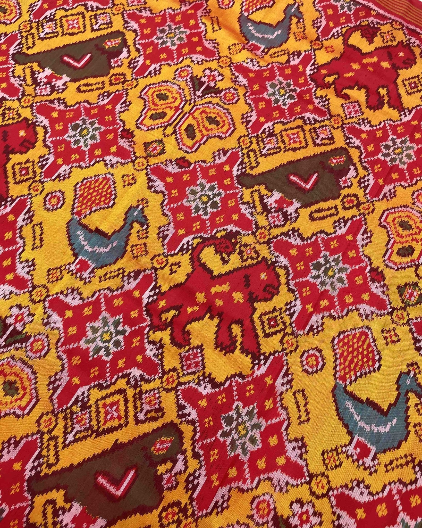 Red & Yellow Big Figure Narikunj Designer Patola Saree - SindhoiPatolaArt