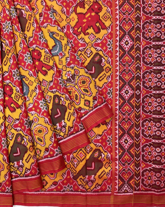 Red & Yellow Big Figure Narikunj Designer Patola Saree - SindhoiPatolaArt