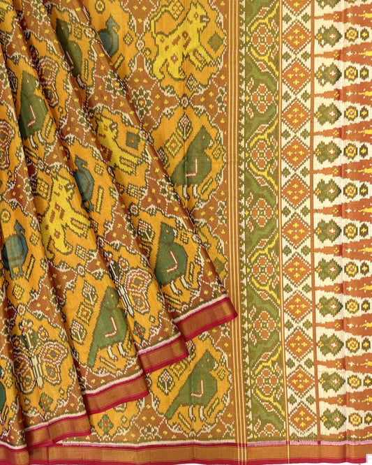 Red & Yellow Big Figure Narikunj Tissue Patola Saree - SindhoiPatolaArt