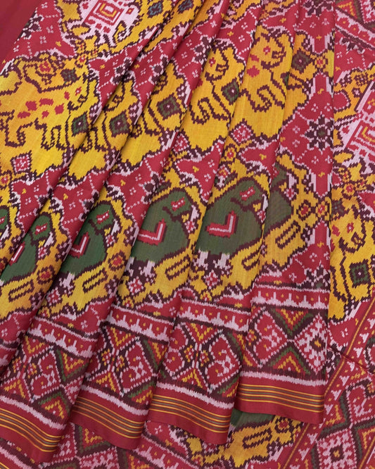 Red & Yellow Bog Figure Narikunj Chhabdi Patola Saree - SindhoiPatolaArt