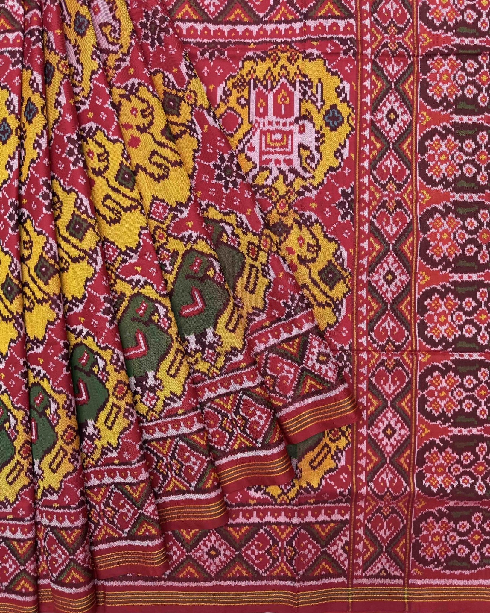 Red & Yellow Bog Figure Narikunj Chhabdi Patola Saree - SindhoiPatolaArt