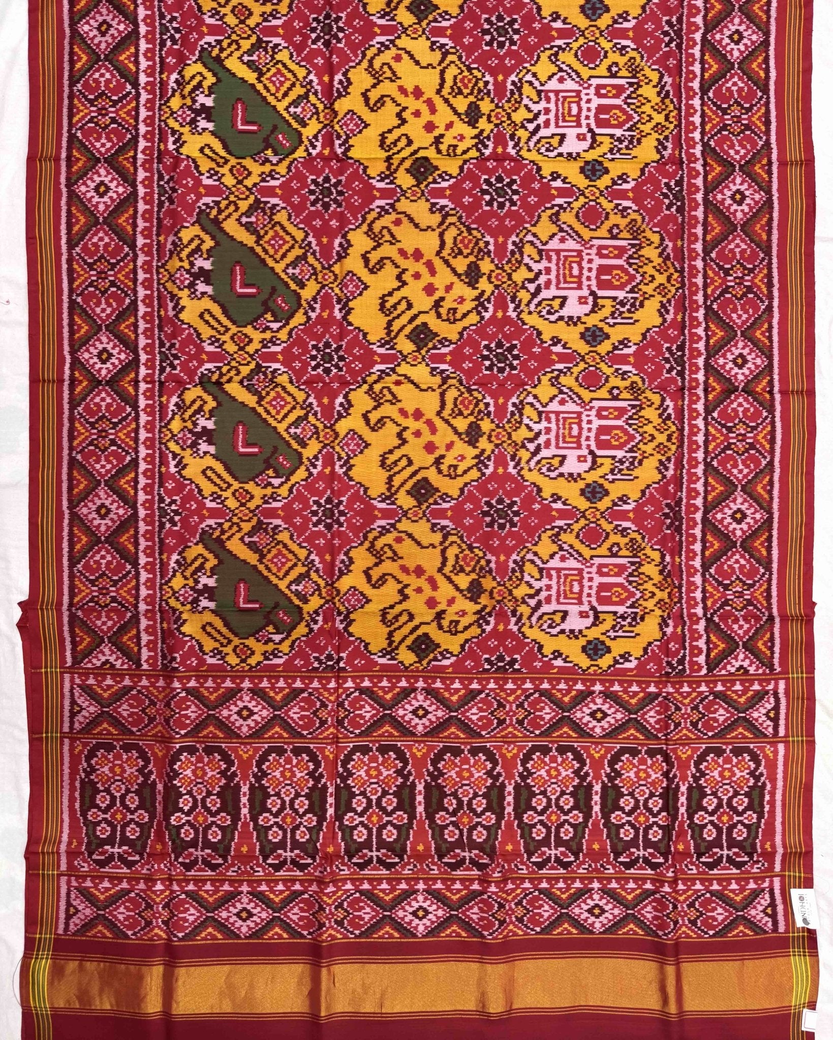 Red & Yellow Bog Figure Narikunj Chhabdi Patola Saree - SindhoiPatolaArt